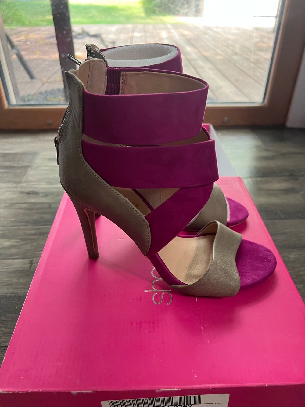 Shoe Dazzle Fuchsia and Taupe Strappy Stiletto Heels